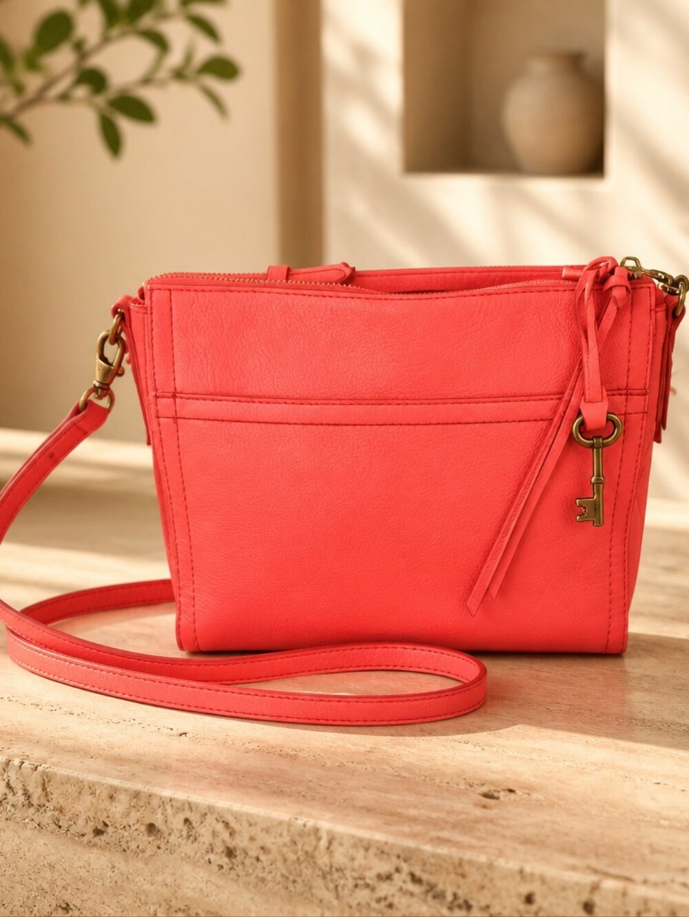Fossil Coral-Pink Pebble Leather Crossbody with Key Charm EUC